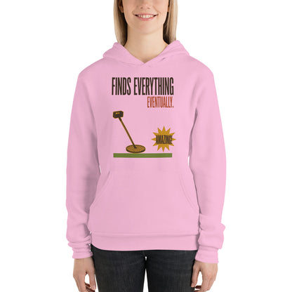 Finds Everything Eventually retro metal detecting hoodie — Lilac, on model
