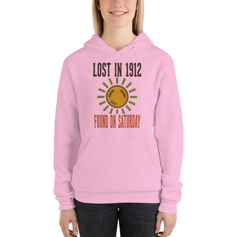 Lost in 1912 Found on Saturday retro metal detecting hoodie — Lilac, on model