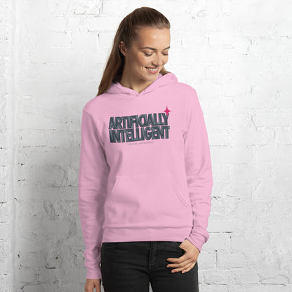Artificially Intelligent funny AI pullover hoodie — Lilac, on model