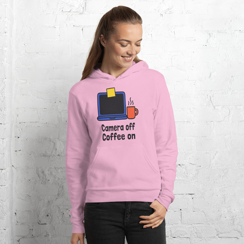 Camera Off Coffee On funny work from home unisex hoodie — Lilac, on model