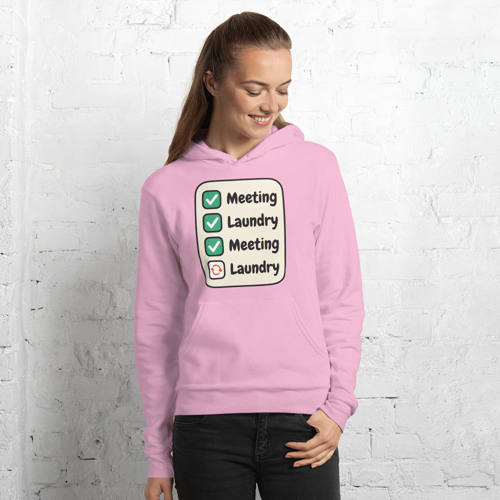 Meeting Laundry funny work from home unisex hoodie — Lilac, on model