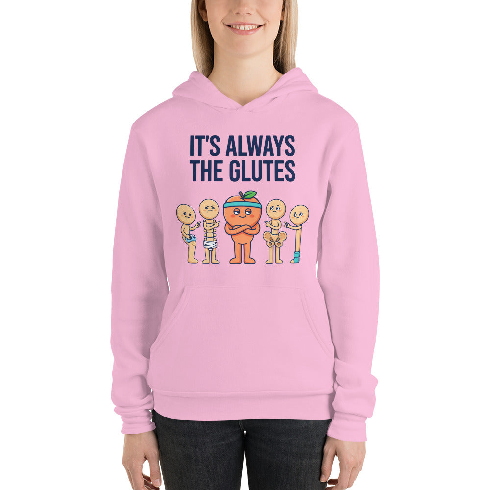 Always The Glutes funny physical therapy hoodie — Lilac, on model