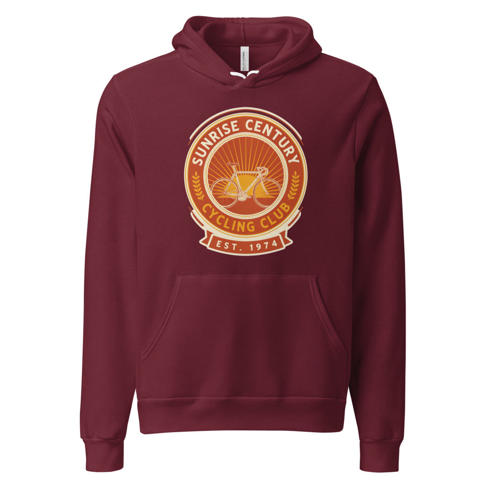 Sunrise Century C.C. retro cycling club badge hoodie — Maroon, front