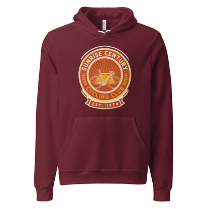Sunrise Century C.C. retro cycling club badge hoodie — Maroon, front
