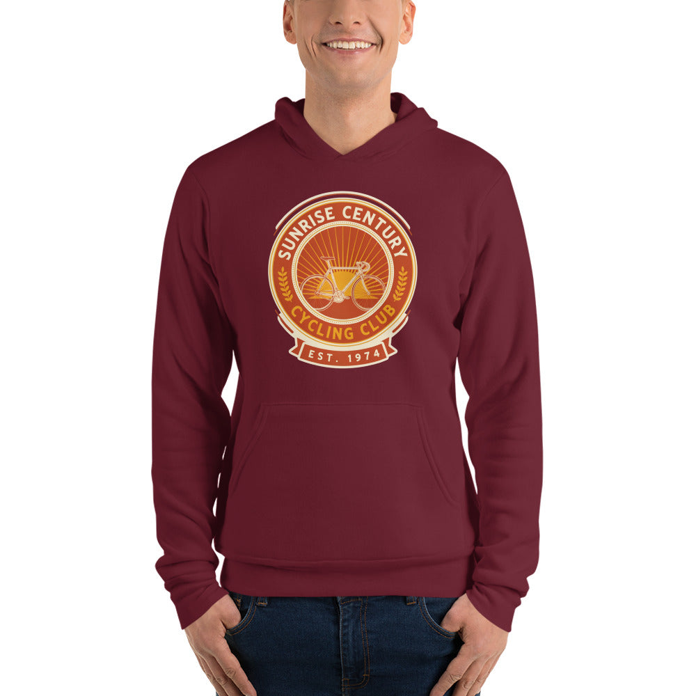 Sunrise Century C.C. retro cycling club badge hoodie — Maroon, on model