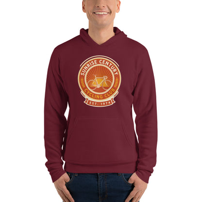 Sunrise Century C.C. retro cycling club badge hoodie — Maroon, on model