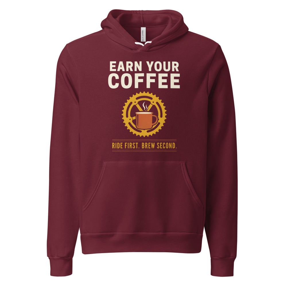 Earn Your Coffee retro cycling coffee hoodie — Maroon, front