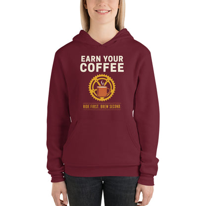 Earn Your Coffee retro cycling coffee hoodie — Maroon, on model