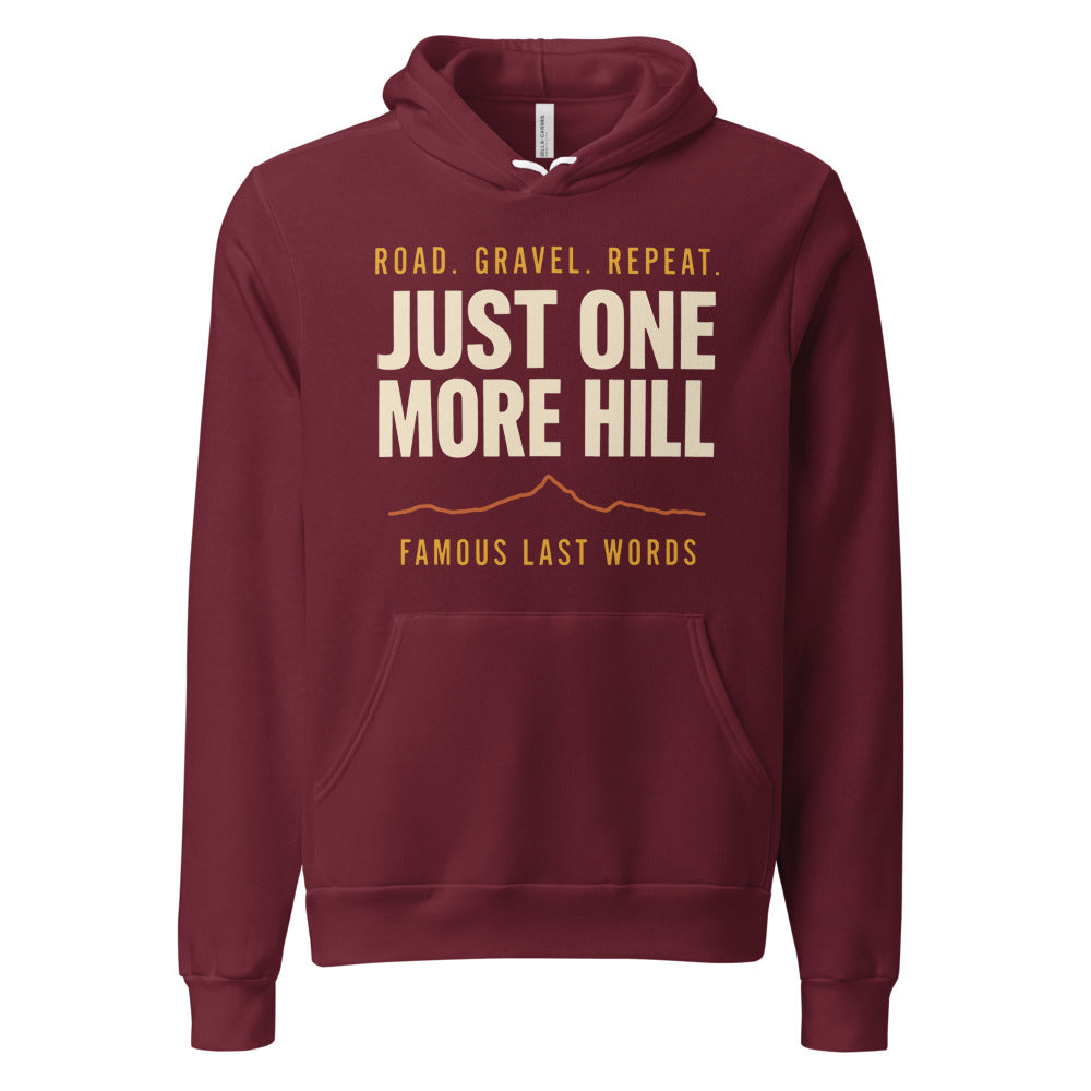 Just One More Hill retro cycling climb hoodie — Maroon, front
