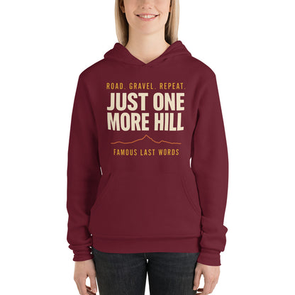 Just One More Hill retro cycling climb hoodie — Maroon, on model