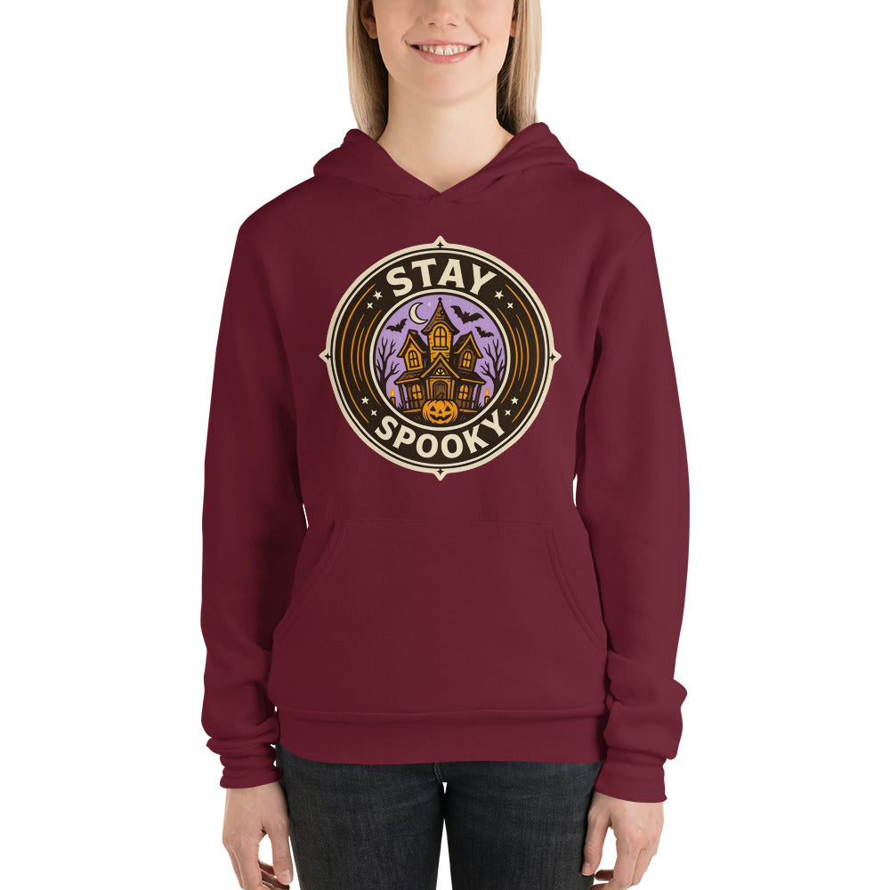 Stay Spooky retro Halloween vintage badge hoodie — Maroon, on model