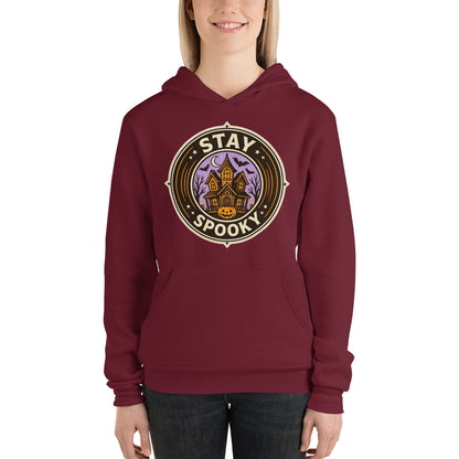 Stay Spooky retro Halloween vintage badge hoodie — Maroon, on model