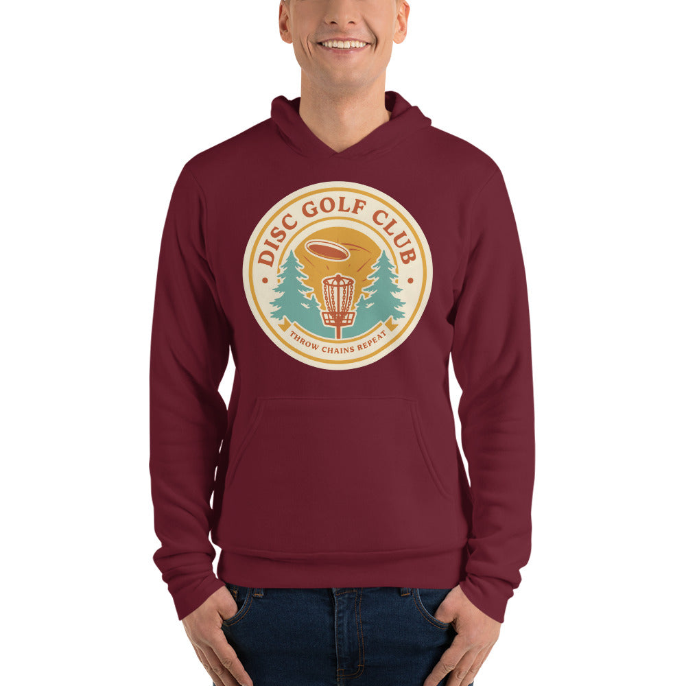 Disc Golf Club retro badge hoodie — Maroon, on model