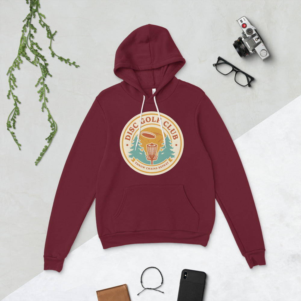 Disc Golf Club retro badge hoodie — Maroon, flat lay
