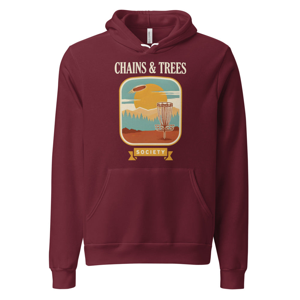 Chains & Trees Society disc golf retro landscape hoodie — Maroon, front