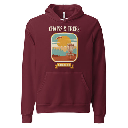 Chains & Trees Society disc golf retro landscape hoodie — Maroon, front