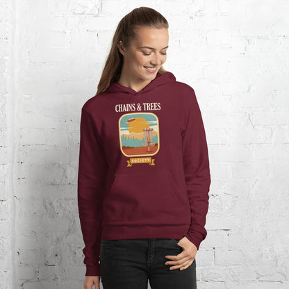 Chains & Trees Society disc golf retro landscape hoodie — Maroon, on model
