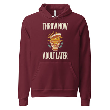 Throw Now Adult Later disc golf retro hoodie — Maroon, front