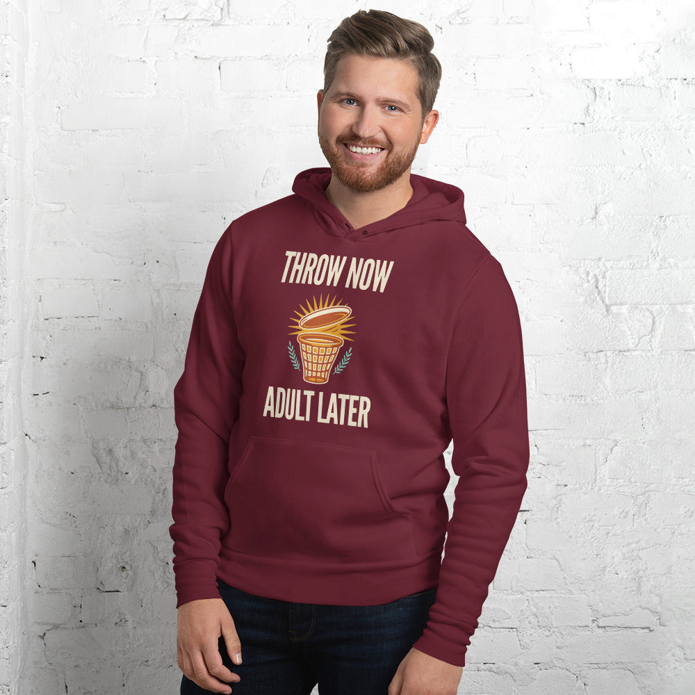 Throw Now Adult Later disc golf retro hoodie — Maroon, on model