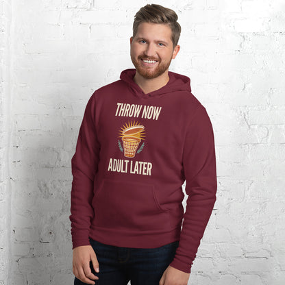 Throw Now Adult Later disc golf retro hoodie — Maroon, on model