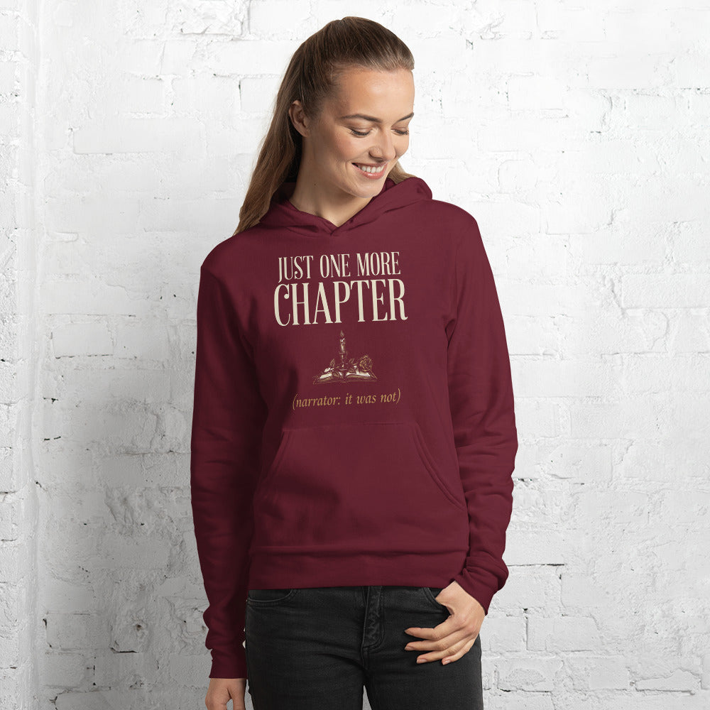 Just One More Chapter book lover dark academia hoodie — Maroon, on model