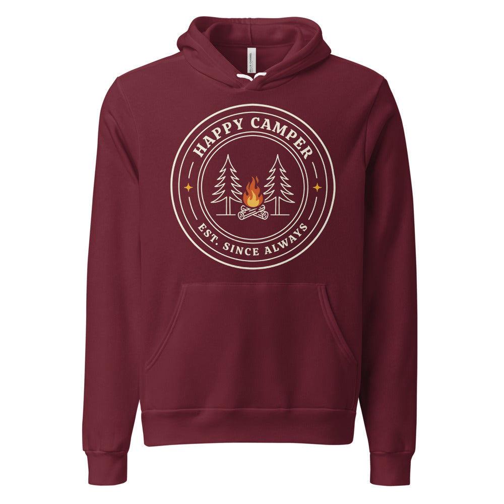 Happy Camper retro camp badge hoodie — Maroon, front