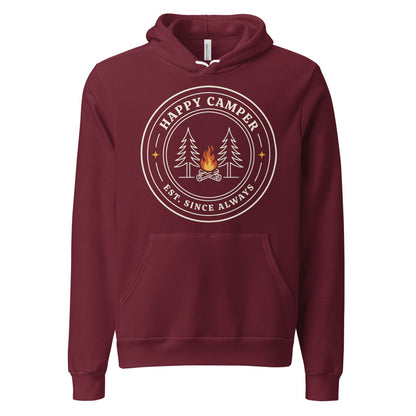 Happy Camper retro camp badge hoodie — Maroon, front