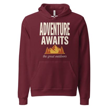 Adventure Awaits retro outdoors typography hoodie — Maroon, front