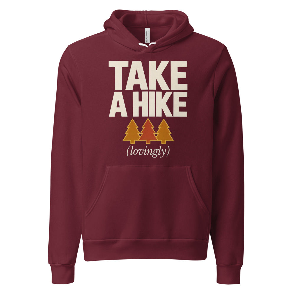 Take a Hike retro outdoors humor typography hoodie — Maroon, front