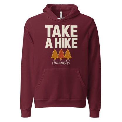 Take a Hike retro outdoors humor typography hoodie — Maroon, front