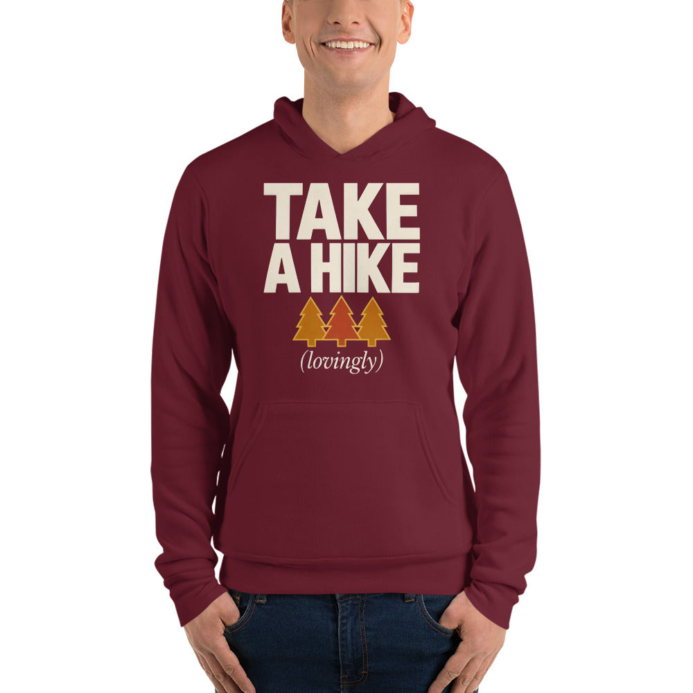 Take a Hike retro outdoors humor typography hoodie — Maroon, on model