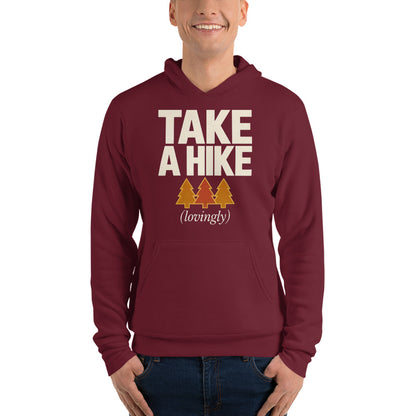 Take a Hike retro outdoors humor typography hoodie — Maroon, on model