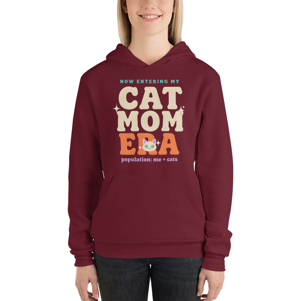 Cat Mom Era retro Y2K hoodie — Maroon, on model