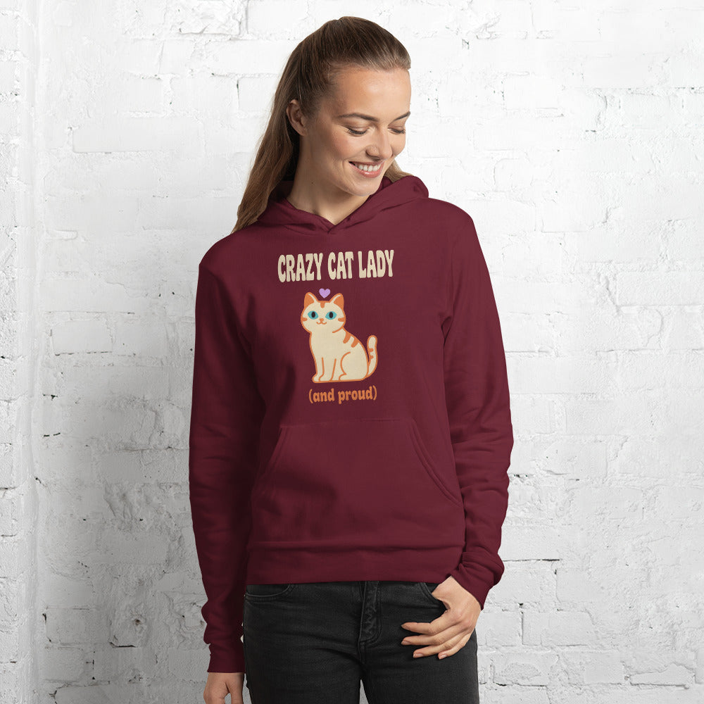 Crazy Cat Lady and Proud retro Y2K hoodie — Maroon, on model