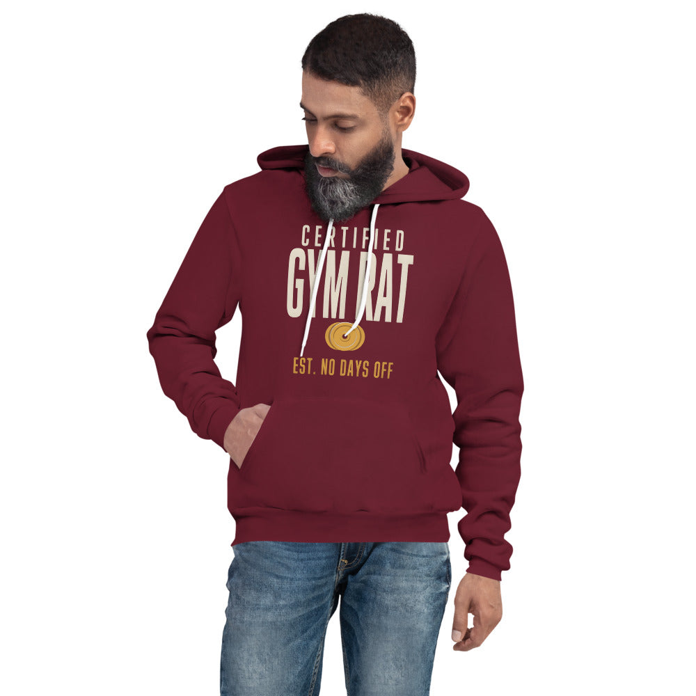 Certified Gym Rat vintage athletic hoodie — Maroon, on model