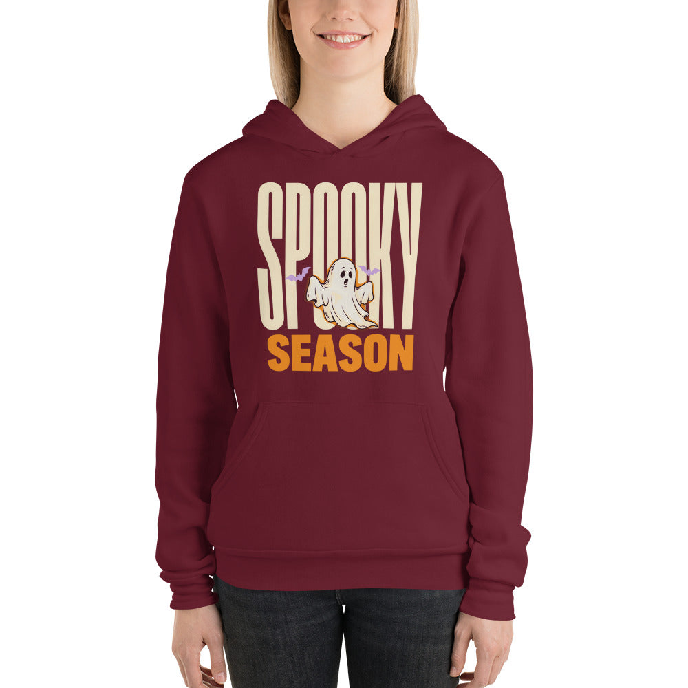 Spooky Season retro Halloween ghost typography hoodie — Maroon, on model