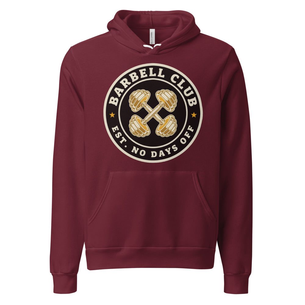 Barbell Club No Days Off vintage gym hoodie — Maroon, front