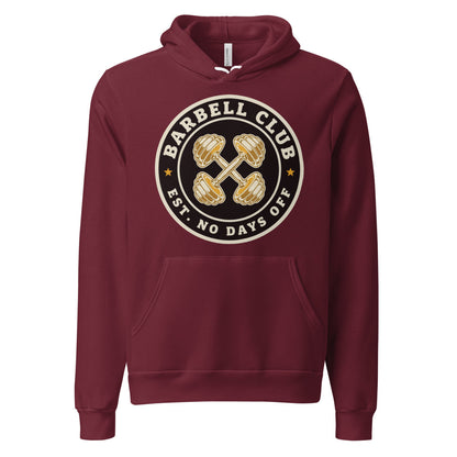 Barbell Club No Days Off vintage gym hoodie — Maroon, front