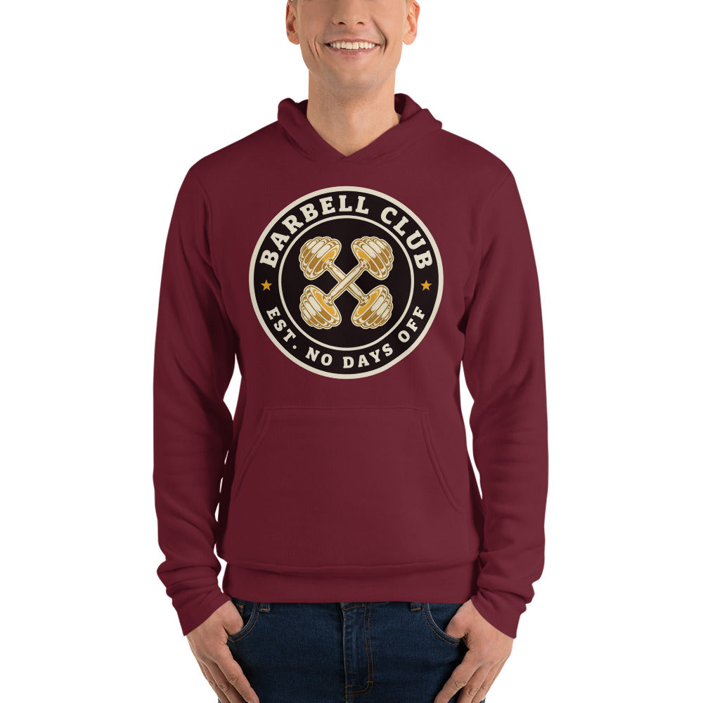 Barbell Club No Days Off vintage gym hoodie — Maroon, on model