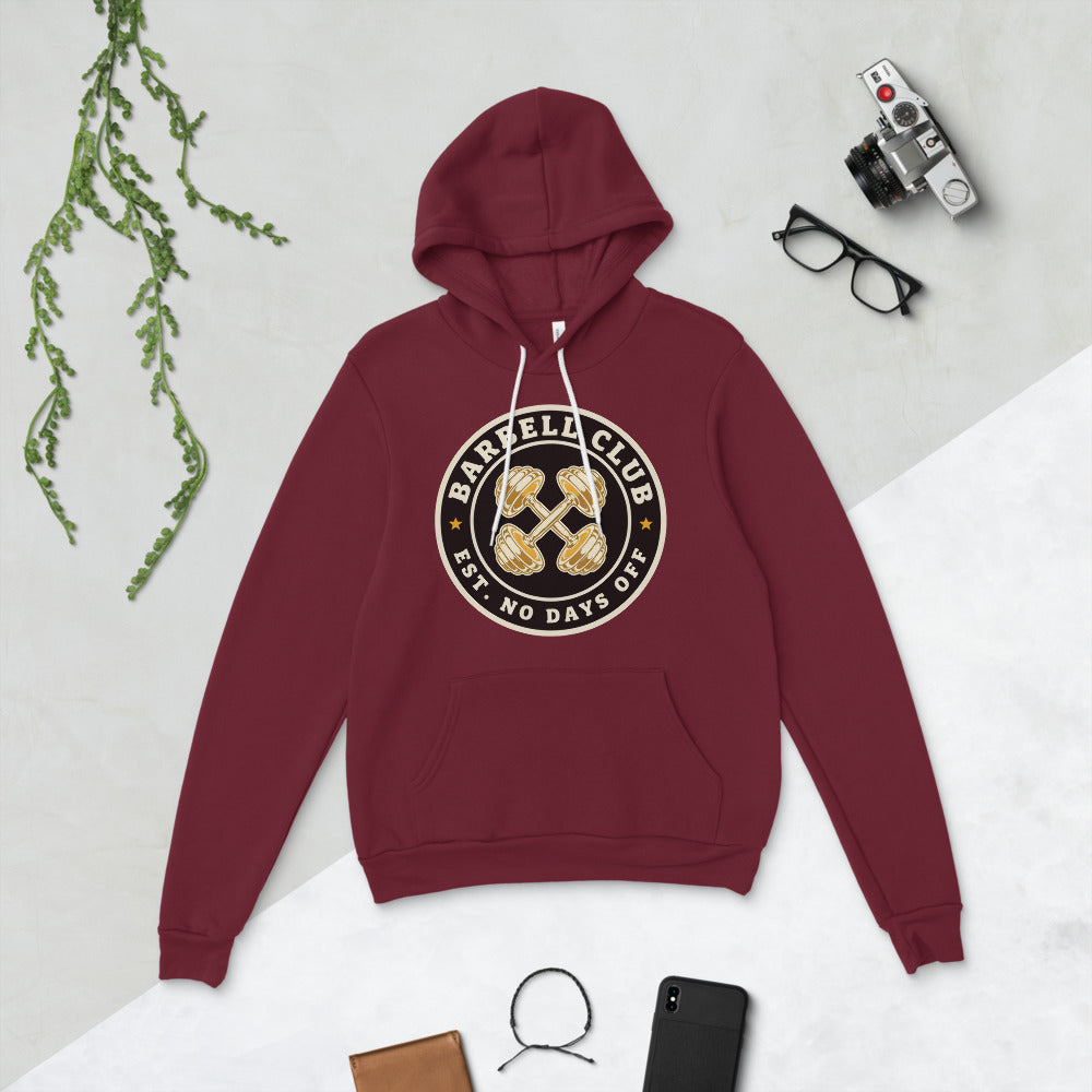 Barbell Club No Days Off vintage gym hoodie — Maroon, flat lay