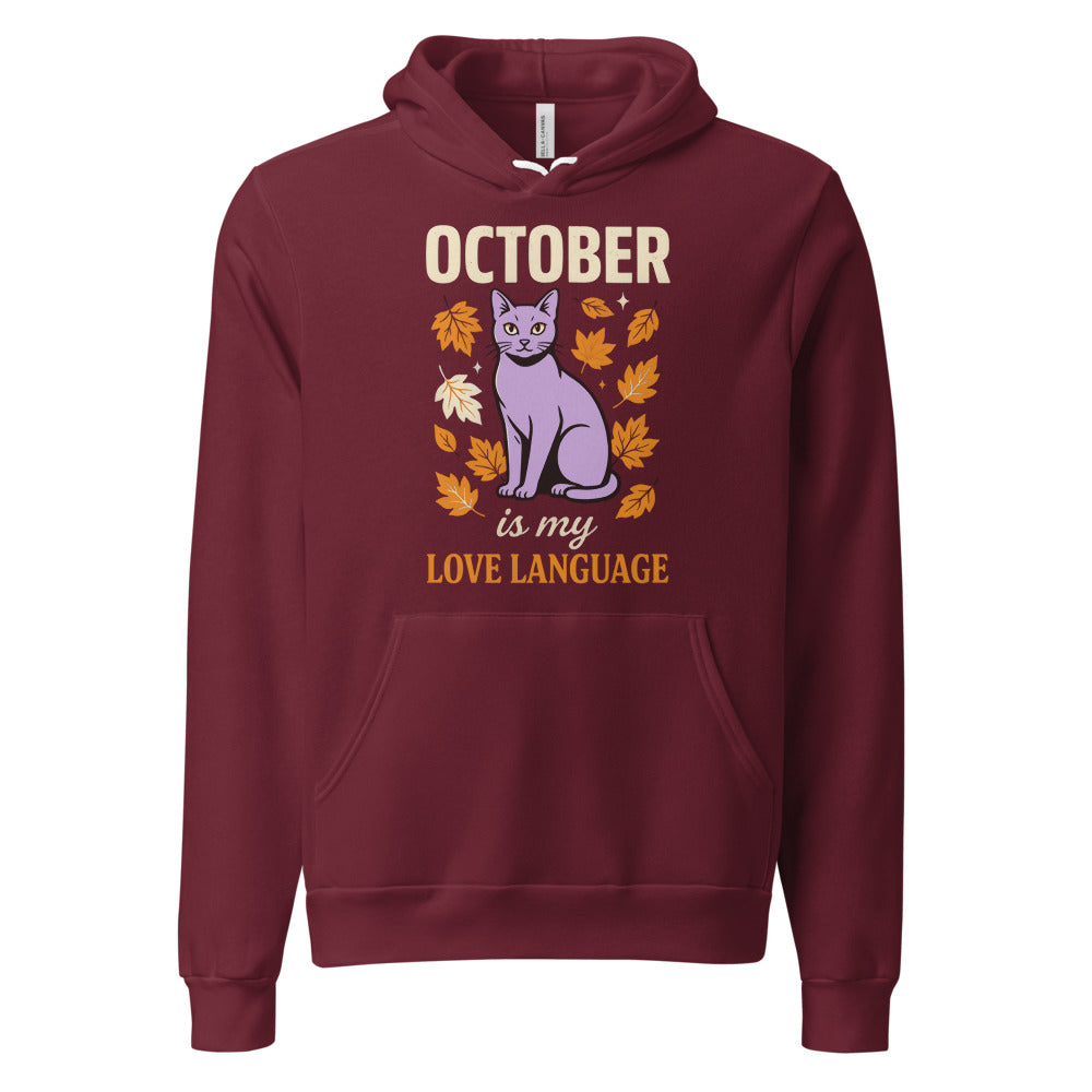 October Is My Love Language retro Halloween black cat hoodie — Maroon, front