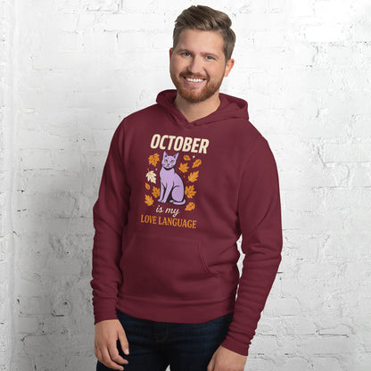 October Is My Love Language retro Halloween black cat hoodie — Maroon, on model