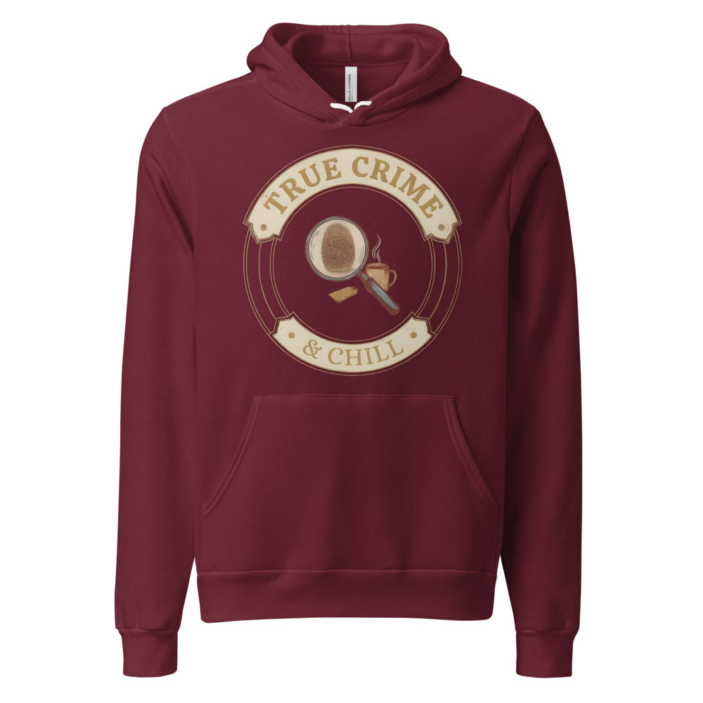 True Crime and Chill vintage case-file badge hoodie — Maroon, front