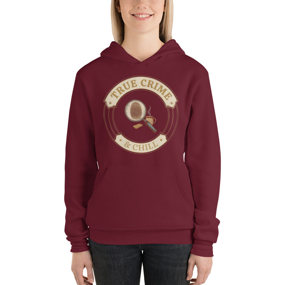 True Crime and Chill vintage case-file badge hoodie — Maroon, on model