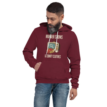 Murder Shows and Comfy Clothes cozy true crime hoodie — Maroon, on model