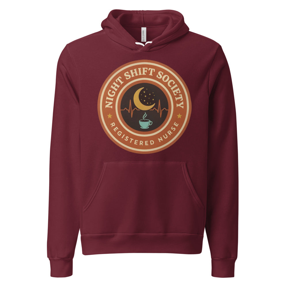 Night Shift Society retro registered nurse badge hoodie — Maroon, front