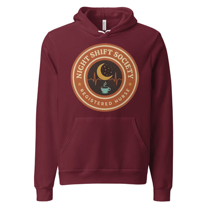 Night Shift Society retro registered nurse badge hoodie — Maroon, front