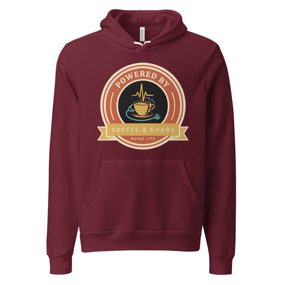 Powered by Coffee & Chaos retro nurse badge hoodie — Maroon, front