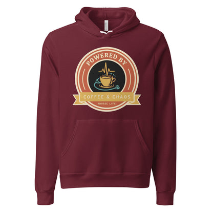 Powered by Coffee & Chaos retro nurse badge hoodie — Maroon, front