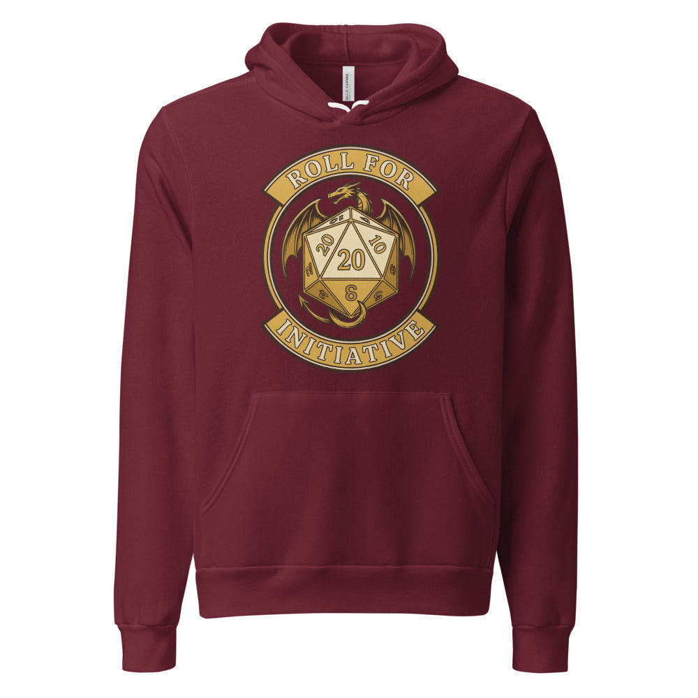 Roll For Initiative d20 dragon tabletop RPG hoodie — Maroon, front